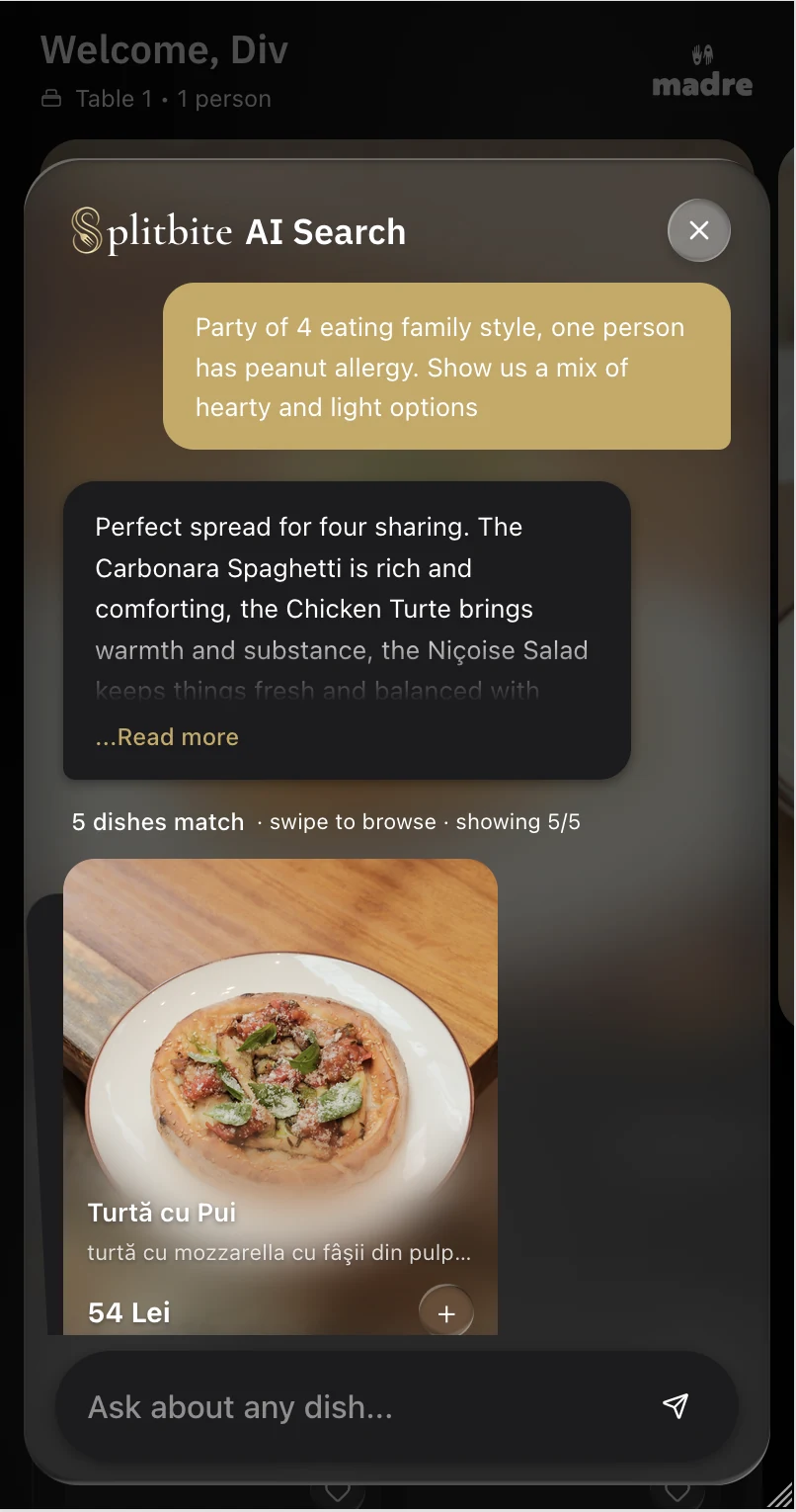 A guest searches for Turtă cu Pui on the Madre menu; the assistant returns the dish with pricing and a full photograph.