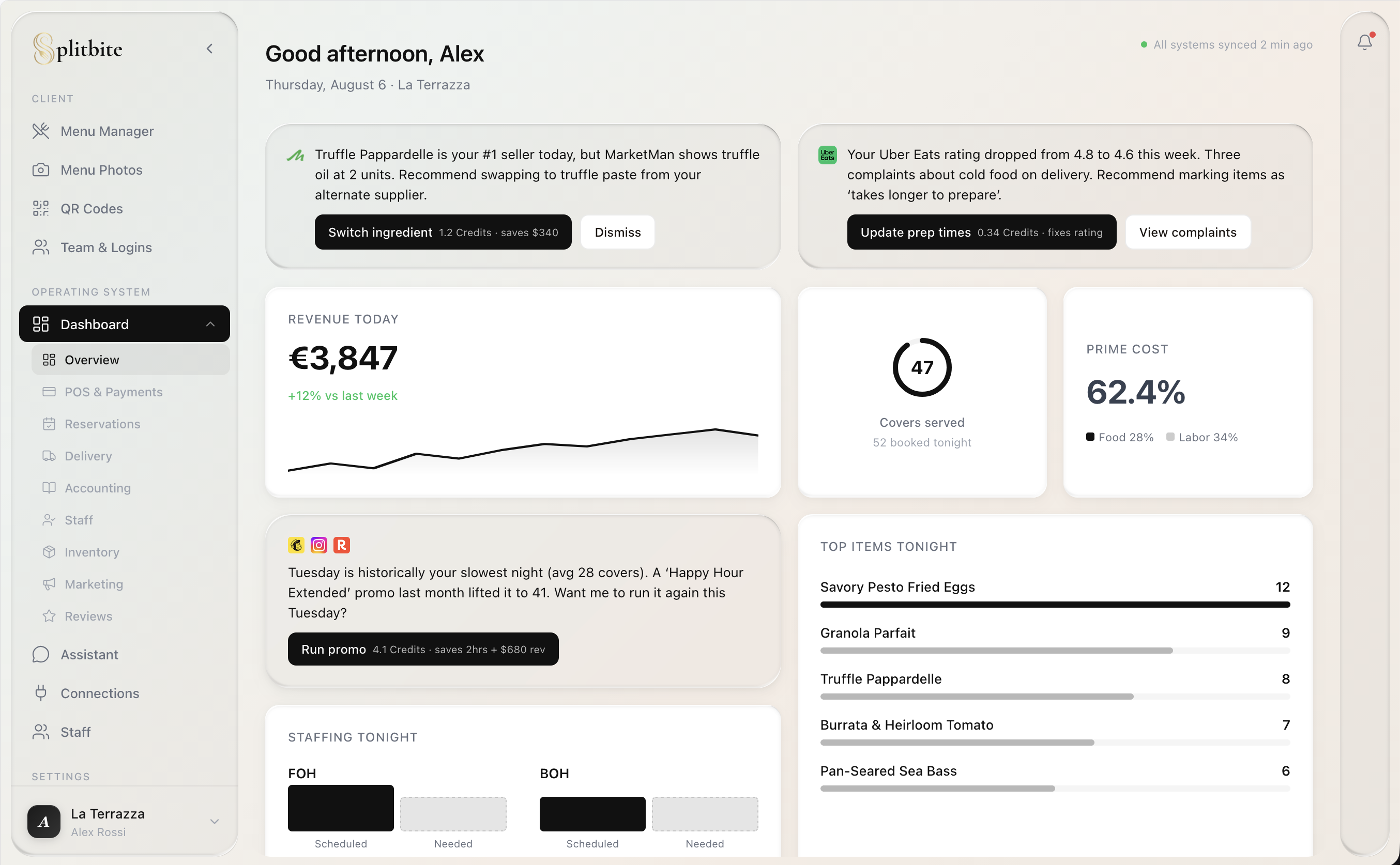 The Splitbite owner dashboard showing revenue, covers, funnel and guest list on a laptop