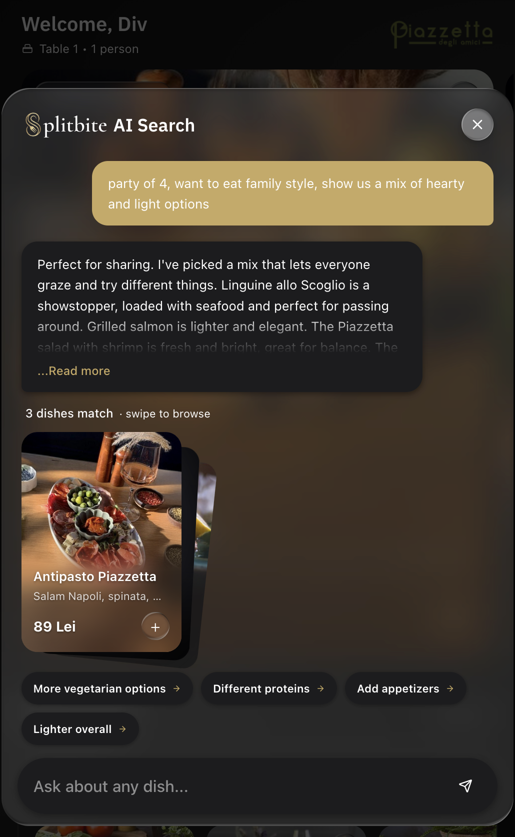 A guest types a question and the assistant answers with the matching dish, its price and a photograph